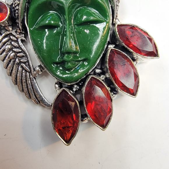 Sterling Silver Pendant with Green Carved Face and Red Garnet Accents - Picture 7 of 10